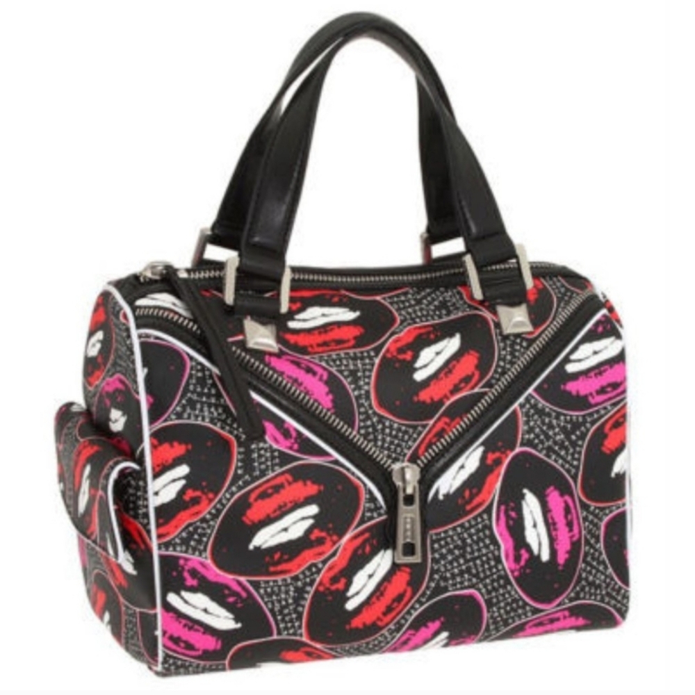 L.A.M.B. Worthington Satchel - Kiss 4 Me Print Black and Pink Women's Bag